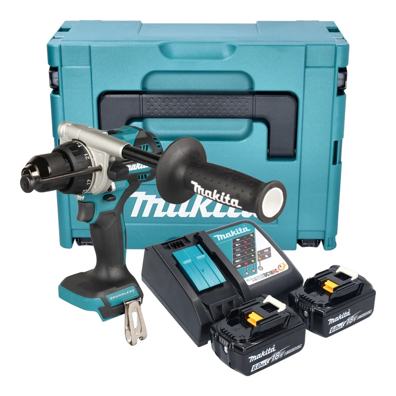 Makita DHP 492 RGJ Akku Schlagbohrschrauber 18 V 141 Nm Brushless + 2x Akku 6,0 Ah + Ladegerät + Makpac