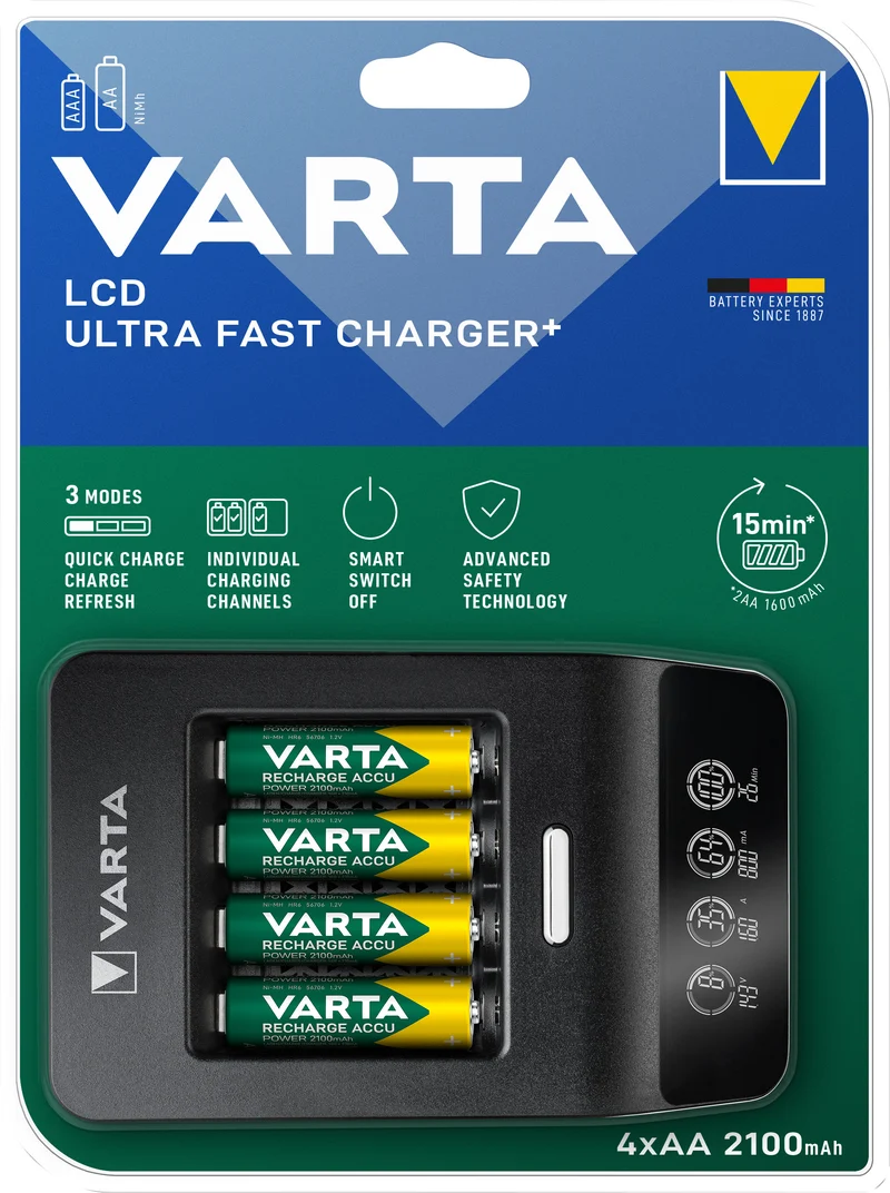 Varta Akku NiMH, Universal Schnellladegerät, LCD Charger+ inkl. Akkus, 4x Mignon, AA, 2500mAh