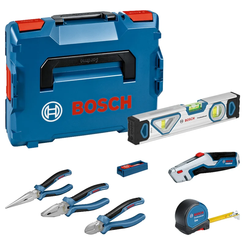 Bosch Handwerkzeug Set 16 tlg. ( 0615990N2S ) Zange / Wasserwaage / Maßband / Messer / Klinge + L-Boxx