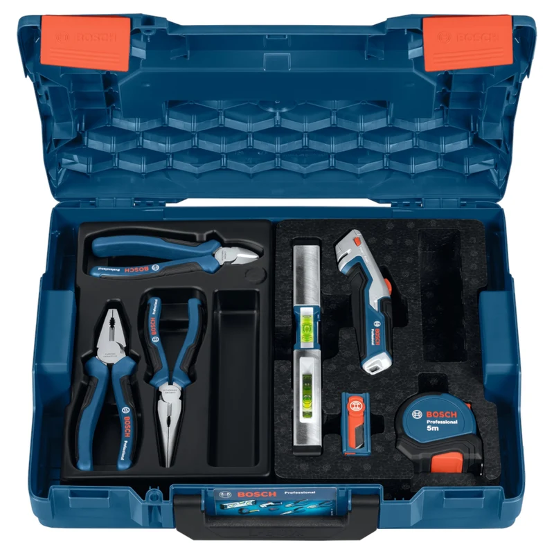 Bosch Handwerkzeug Set 16 tlg. ( 0615990N2S ) Zange / Wasserwaage / Maßband / Messer / Klinge + L-Boxx