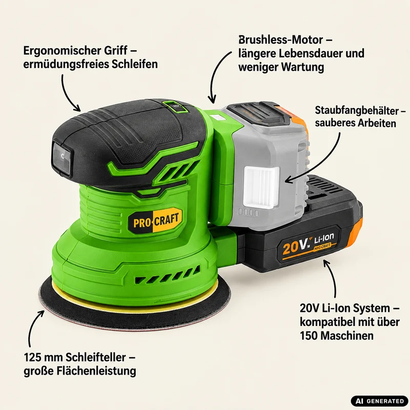 Procraft PX20BLbb Akku Exzenterschleifer 20 V 125 mm Brushless + 2x Akku 2,0 Ah + Ladegerät