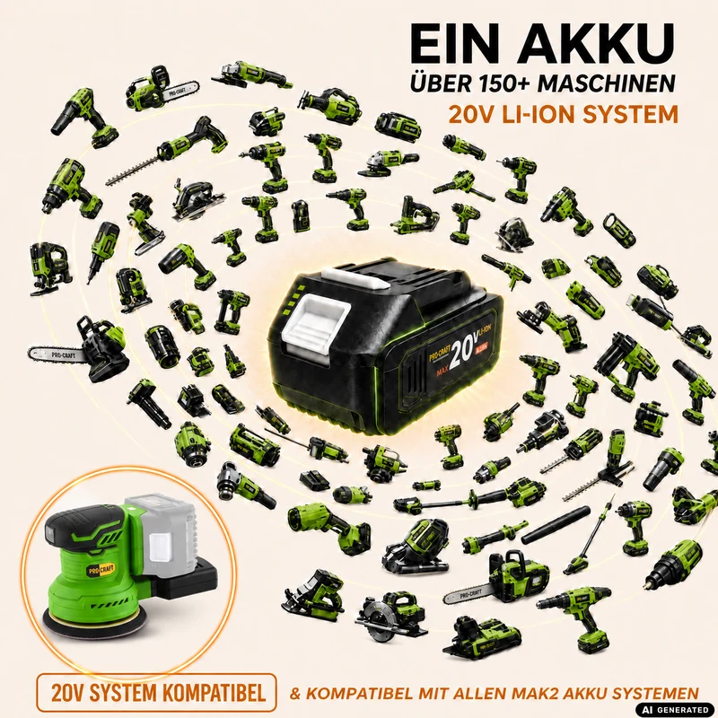 Procraft PX20BLbb Akku Exzenterschleifer 20 V 125 mm Brushless + 2x Akku 2,0 Ah + Ladegerät