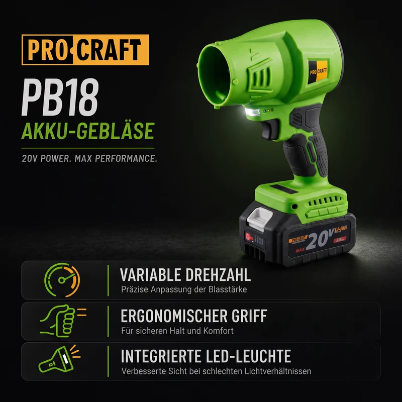 Procraft PB18 Akku Laubbläser 20 V + 1x Akku 3,0 Ah + Ladegrät