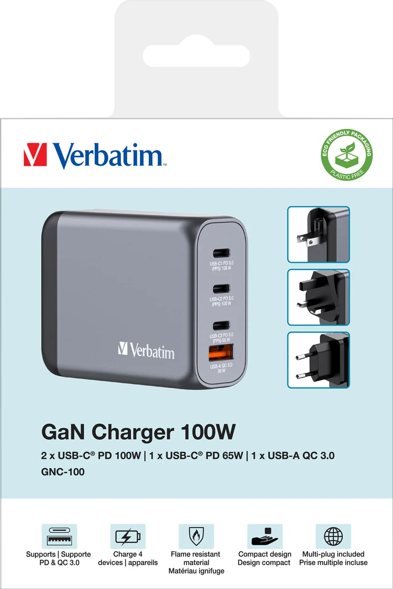 Verbatim Ladeadapter, Universal, GNC-100, GaN, 100W, grau 1x USB-A QC, 3x USB-C PD, Retail