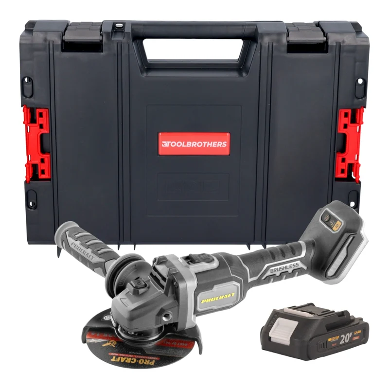 Procraft Industrial AG125Bbb Akku Winkelschleifer 20 V 125 mm Brushless + 1x Akku 2,0 Ah + RHINO Toolcase - ohne Ladegerät
