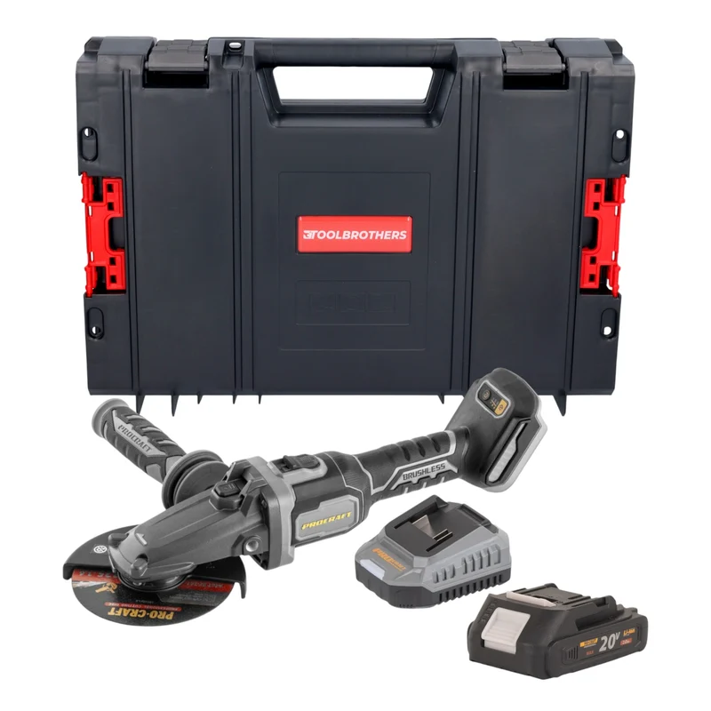 Procraft Industrial AG125Cbb Akku Flachkopf Winkelschleifer 20 V 125 mm Brushless + 1x Akku 2,0 Ah + Ladegerät + RHINO Toolcase