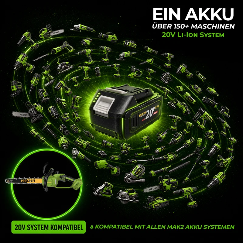 Procraft PKA33-1B Akku Kettensäge 20 V 304 mm Brushless + 1x Akku 4,0 Ah + Ladegerät