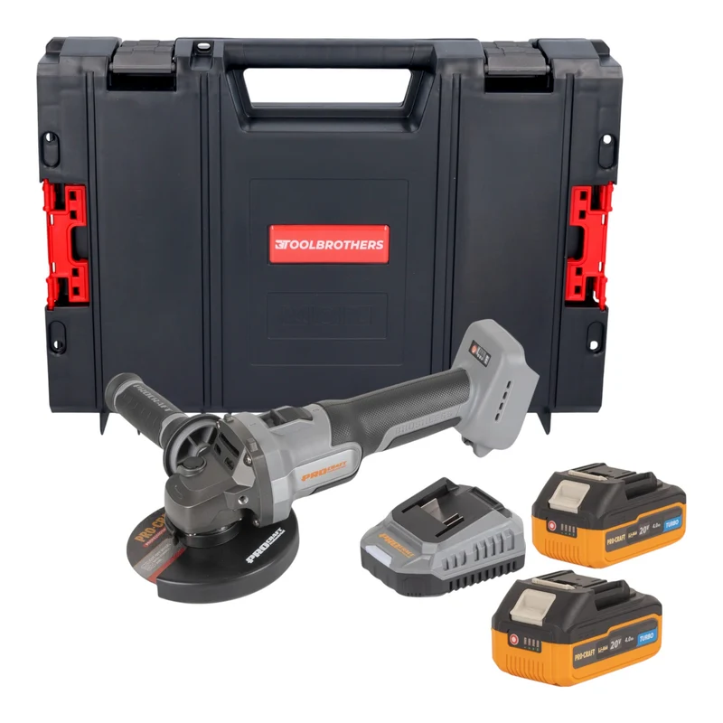 Procraft Industrial AG125Abb Akku Winkelschleifer 20 V 125 mm Brushless + 2x Akku 4,0 Ah + Ladegerät + RHINO Toolcase