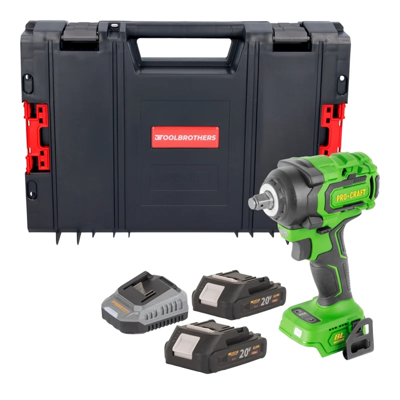 Procraft PWA18bb Akku Schlagschrauber 20 V 550 Nm 1/2" Brushless + 2x Akku 2,0 Ah + Ladegerät + RHINO Toolcase