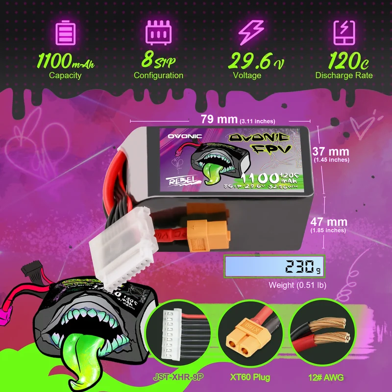 Ovonic Rebel 2.0 8S 1100mAh 29,6V 120C mit XT60 FPV Racing Lipo Akku (2 Stück)