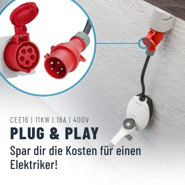 Absina Wallbox Mode3 CEE Eingangskabel 0,6m / Typ2 Ausgang 11KW 8-16A, mit APP Steuerung und APP Anzeige wie Ladespannung, Ladeleistung und Ladezeit