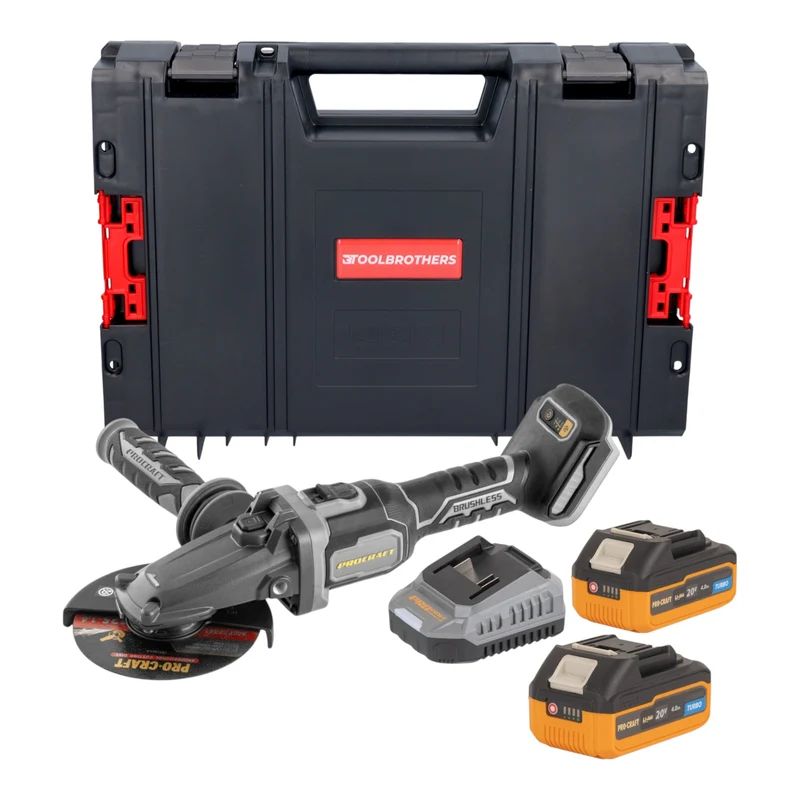 Procraft Industrial AG125Cbb Akku Flachkopf Winkelschleifer 20 V 125 mm Brushless + 2x Akku 4,0 Ah + Ladegerät + RHINO Toolcase