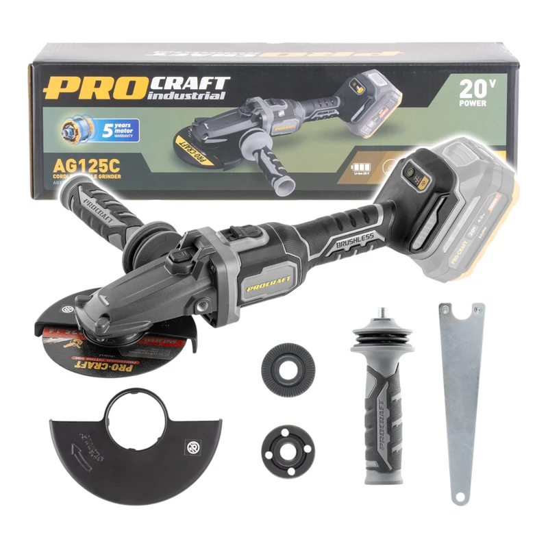 Procraft Industrial AG125Cbb Akku Flachkopf Winkelschleifer 20 V 125 mm Brushless Solo - ohne Akku, ohne Ladegerät