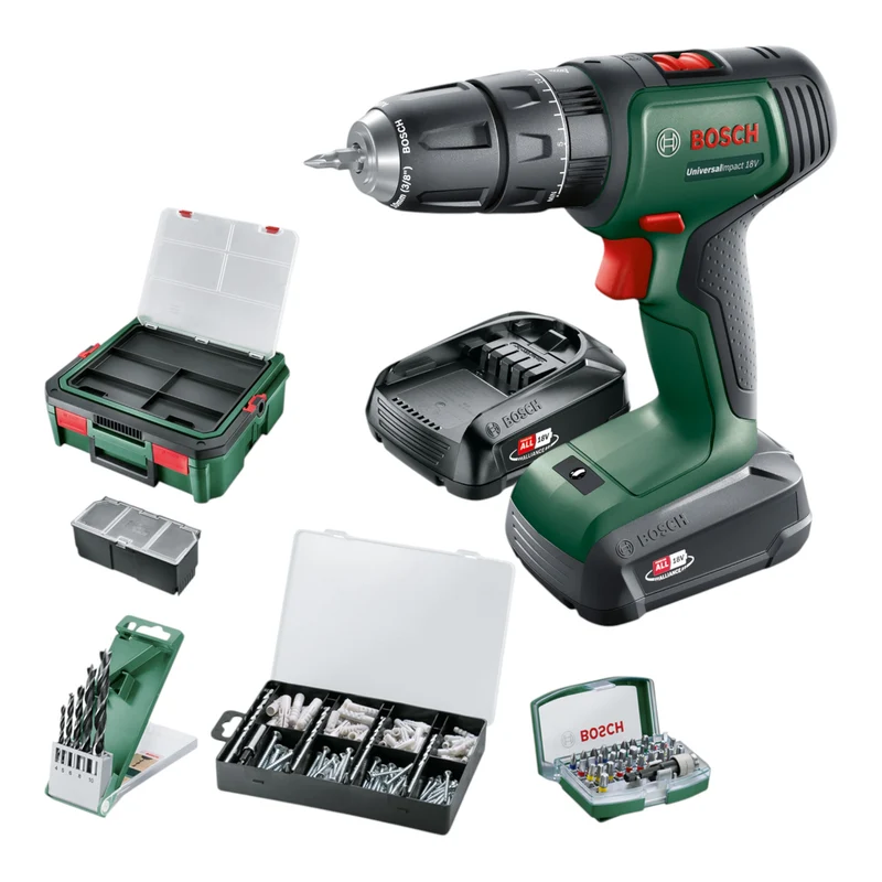 Bosch Universal Impact Akku Schlagbohrschrauber 18 V 34 Nm ( 06039D4107 ) + 2 x Akku 1,5 Ah + Ladegerät + Bit Set + Dübel Set + Box