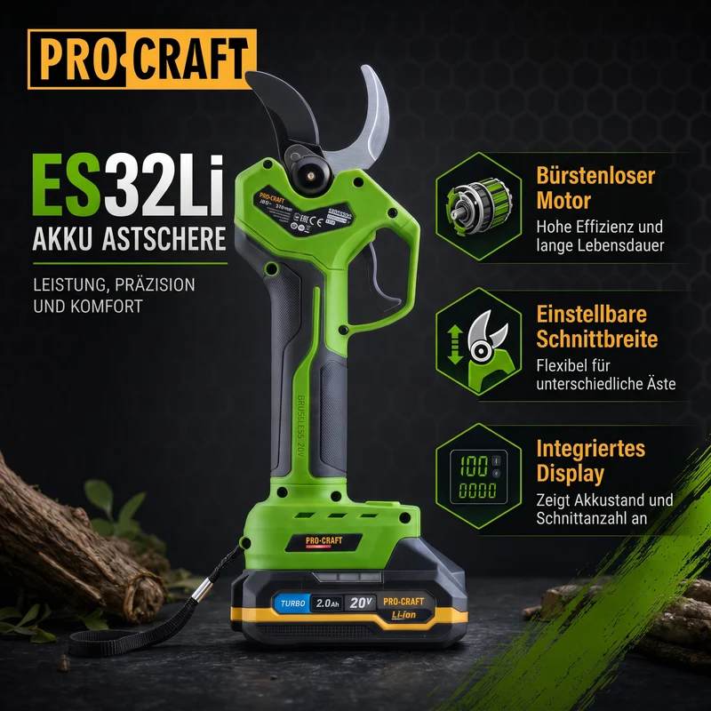 Procraft ES32Li Akku Astschere 20 V Brushless + 1x Akku 2,0 Ah + Ladegerät + Koffer