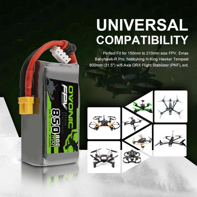 Ovonic FPV 3S 850mAh 11,1V 80C XT30 Lipo Akku (4 Stück)