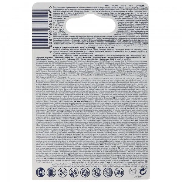 Varta Lithium Batterie AAA FR03 6103 Varta Ultra Lithium 1,5V