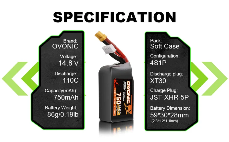 Ovonic 4S 750mAh 110C 14,8V XT30 FPV Racing LiPo Akku (2 Stück)