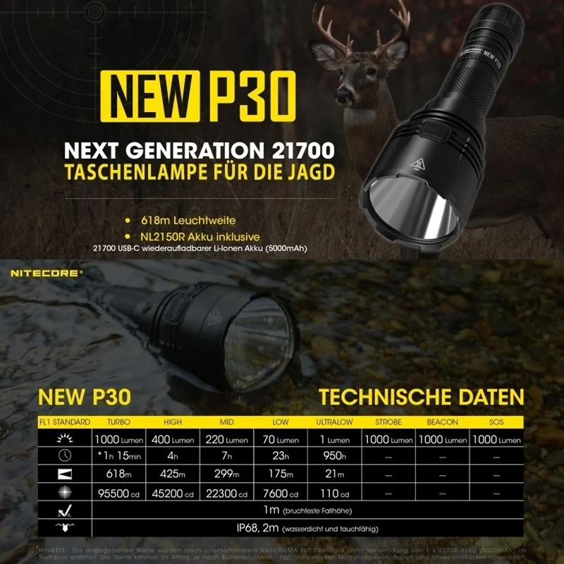 Nitecore LED-Taschenlampe P30 inkl. 5000mAh NL2150R Akku