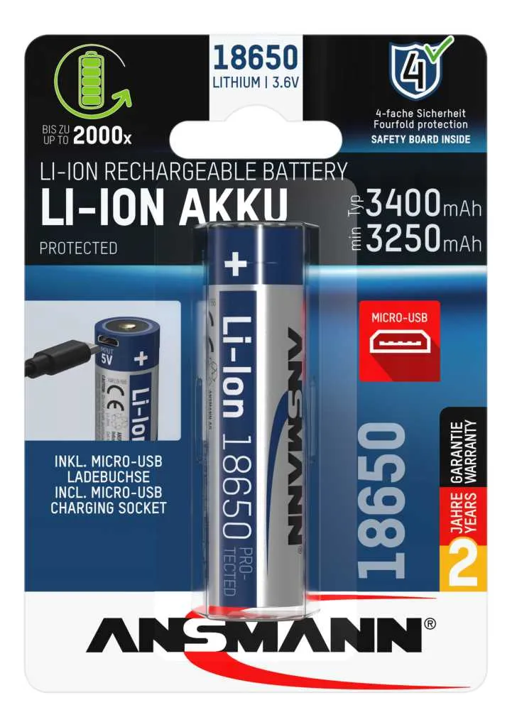 Ansmann Li-Ion 18650 3,67 3400mAh Micro-USB Ladebuchse mit Schutzbeschaltung