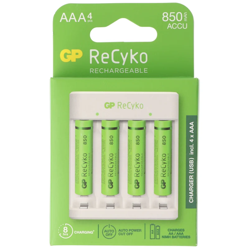 GP ReCyko Batteries USB-Ladegerät GP E411 inkl. 4x 1,2V AAA Micro 1,2V 850mAh Akkus
