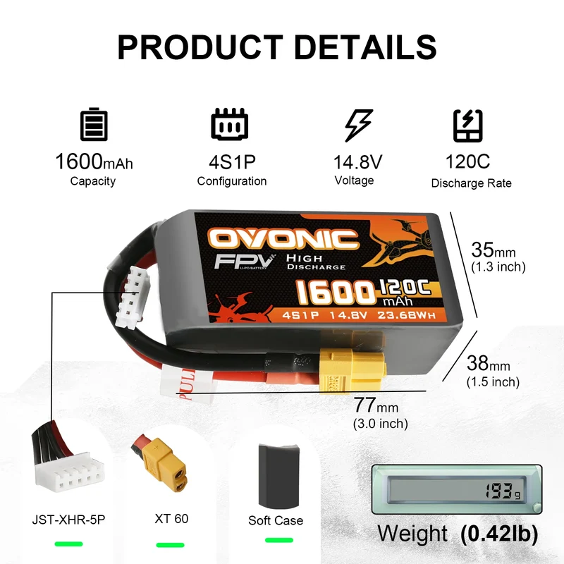 Ovonic FPV 4S 1600mAh 120C 14,8V FPV Racing XT60 LiPo Akku (2 Stück)