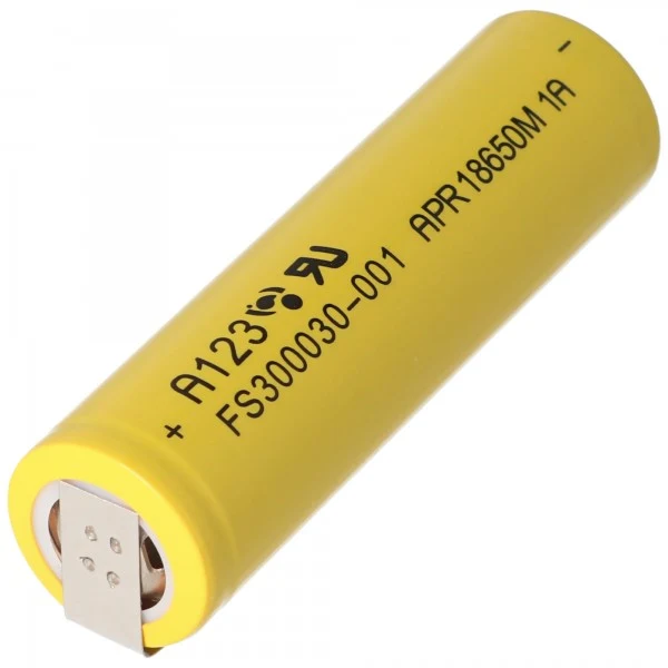 A123 APR18650M-A1 1100mAh 3,2V - 3,3V LiFePo4 Akku Lötfahne U-Form