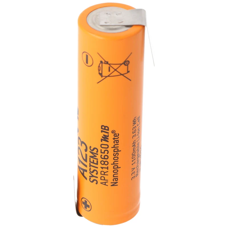 A123 APR18650M-A1 1100mAh 3,3V LiFePo4 Akku Lötfahne Z-Form