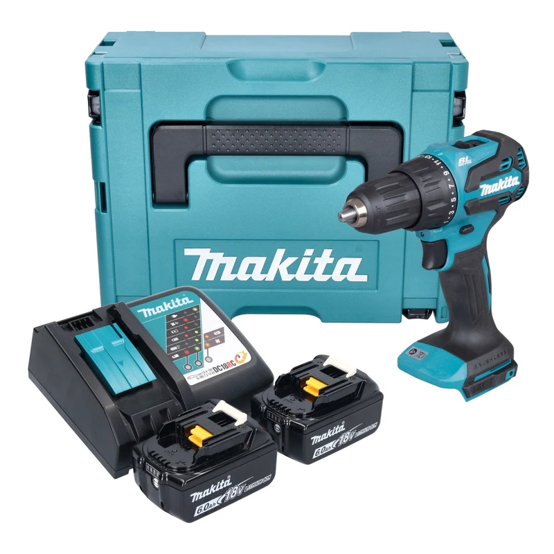 Makita DHP 490 RGJ Akku Schlagbohrschrauber 18 V 65 Nm Brushless + 2x Akku 6,0 Ah + Ladegerät + Makpac
