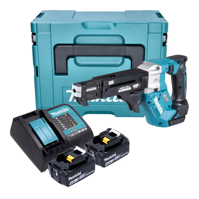 Makita DFR 552 SMJ Akku Magazinschrauber 18 V 25 - 55 mm Brushless + 2x Akku 4,0 Ah + Ladegerät + Makpac