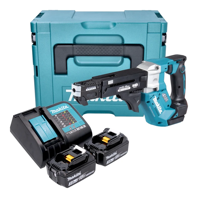 Makita DFR 552 SFJ Akku Magazinschrauber 18 V 25 - 55 mm Brushless + 2x Akku 3,0 Ah + Ladegerät + Makpac
