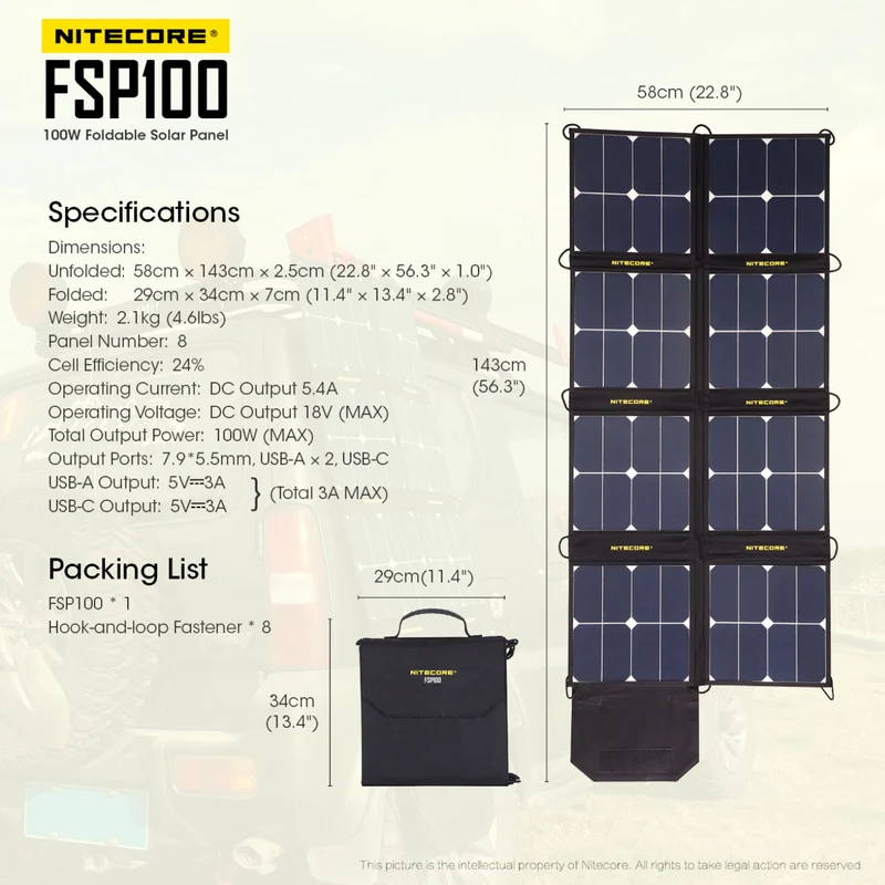 Nitecore FSP100 faltbares Solarpanel mit max. 100W, max. 3A Ausgang, mit USB-C, USB-A Ausgang
