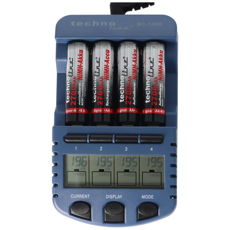 Technoline BC1000 Schnell-Ladegerät mit LCD-Display, Entladefunktion, Akku