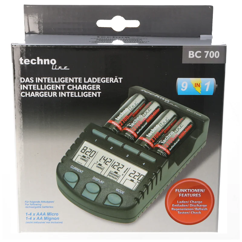Technoline BC-700 Schnell-Ladegerät mit LCD-Display und Entladefunktion