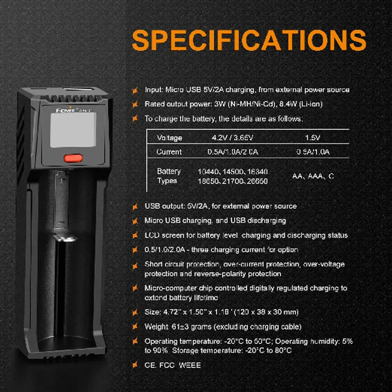 Fenix ARE-D1 Einschacht-Ladegerät passend für 21700, 18650, 26650, 16340, 14500, 10440 Li-Ion, NiMH und NiCd Akkus