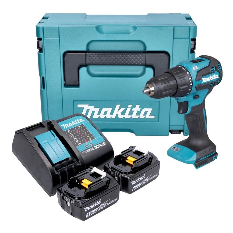 Makita DHP 490 STJ Akku Schlagbohrschrauber 18 V 65 Nm Brushless + 2x Akku 5,0 Ah + Ladegerät + Makpac