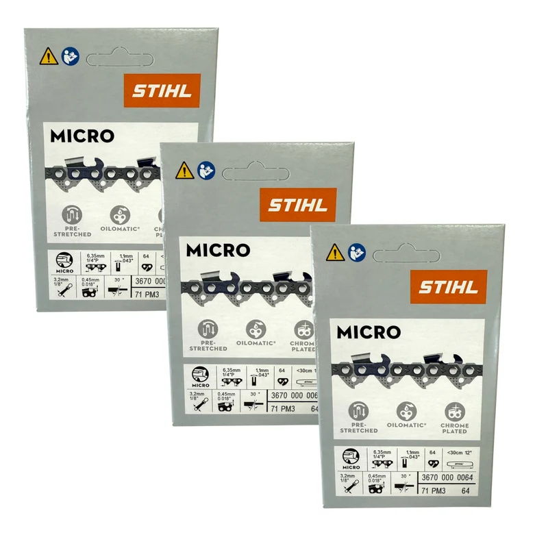 Stihl 3x 1/4" Picco Micro 3 (PM3) Sägekette 30 cm 1/4" P 1,1 mm 64 TG 3 Stück ( 3x 36700000064 )