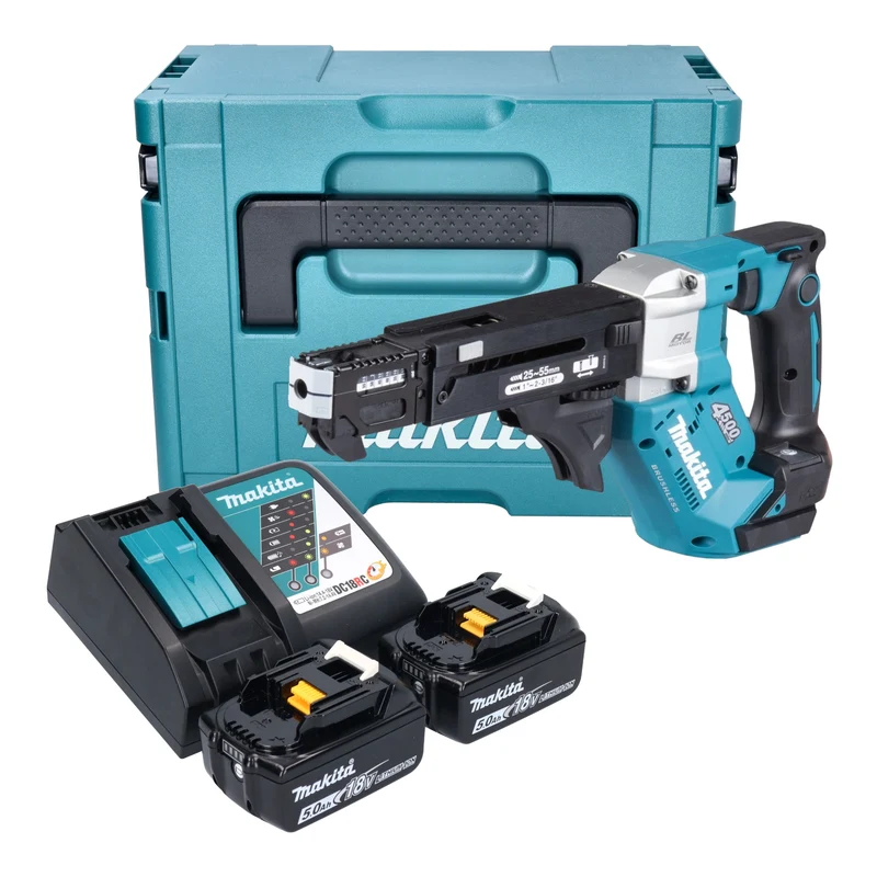 Makita DFR 552 RTJ Akku Magazinschrauber 18 V 25 - 55 mm Brushless + 2x Akku 5,0 Ah + Ladegerät + Makpac