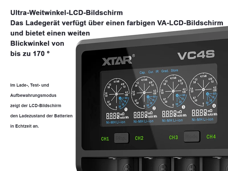 Xtar VC4S - Ladegerät für Li-Ion 3,6V - 3,7V und NIMH 1,2V (1,5V) Akkus
