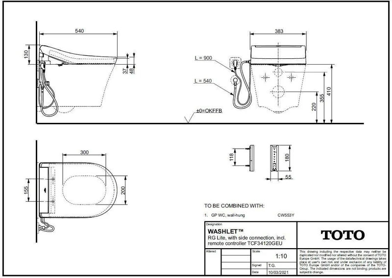 TOTO WASHLET RG Lite Dusch-WC mit seitlichem Anschluss, Fernbedienung & EWATER+ Düsenreinigung