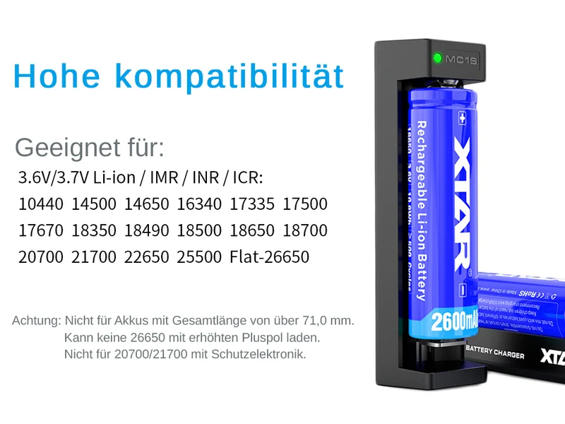 Xtar MC1S - Ladegerät für Li-Ion-Akkus 3,6V/3,7V inkl. USB-Kabel