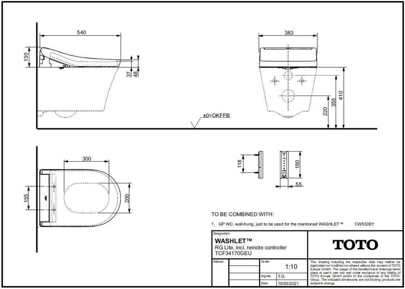 TOTO WASHLET RG Lite Dusch-WC mit Fernbedienung und EWATER+ Düsenreinigung