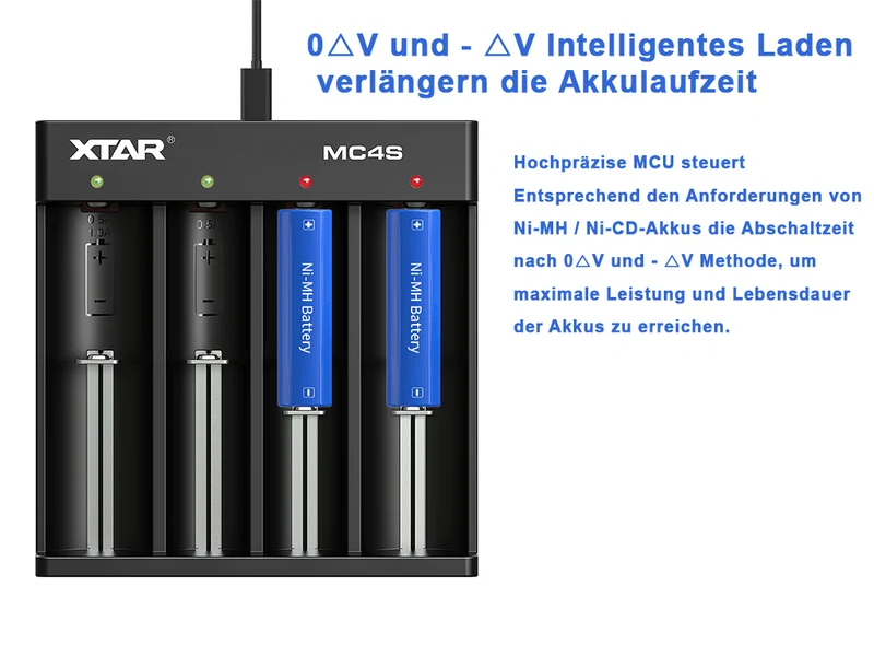 Xtar MC4S – kompaktes 4-Schacht Ladegerät für Li-Ion und Ni/MH Akkus