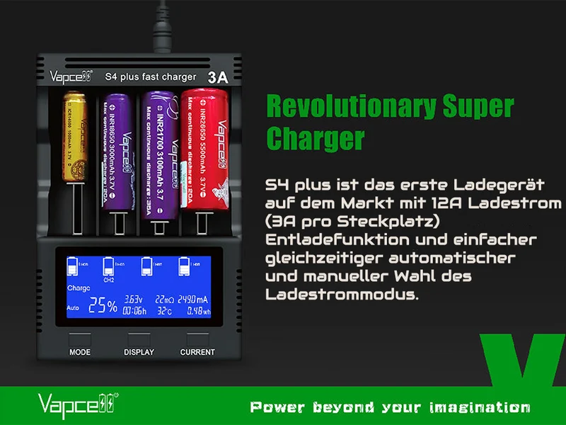 Vapcell S4 plus V3.0 professionelles Universal-Analyse-Ladegerät für Li-Ion, NIMH, NiCd Akkus
