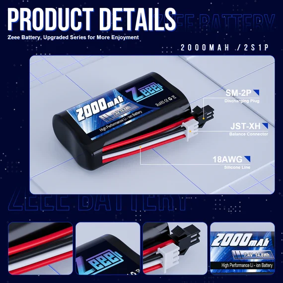 Zeee Li-Ion 2S 2000mAh 7,4V 15C SM 2P-Anschluss USB-Ladegerät (2 Stück)