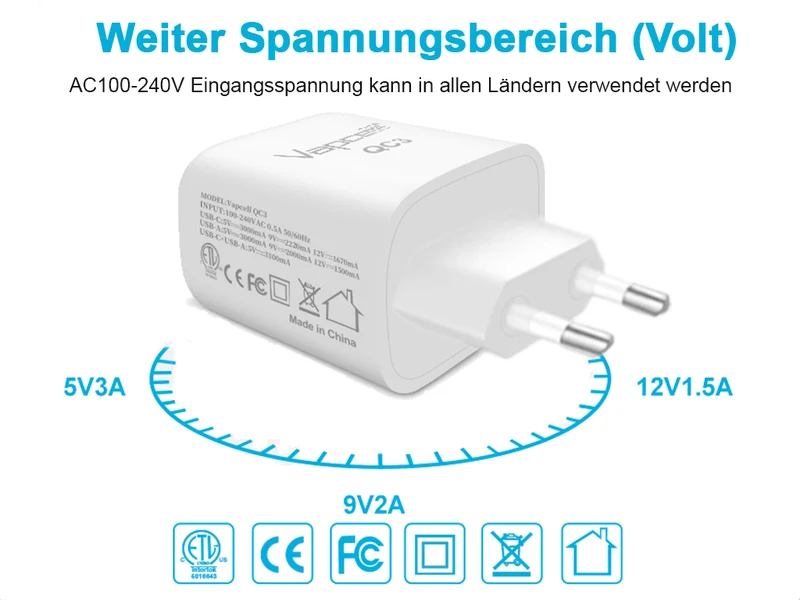USB-Netzteil Vapcell QC3 5V-3A / 9V-2A / 12V-1,67A Quick Charge
