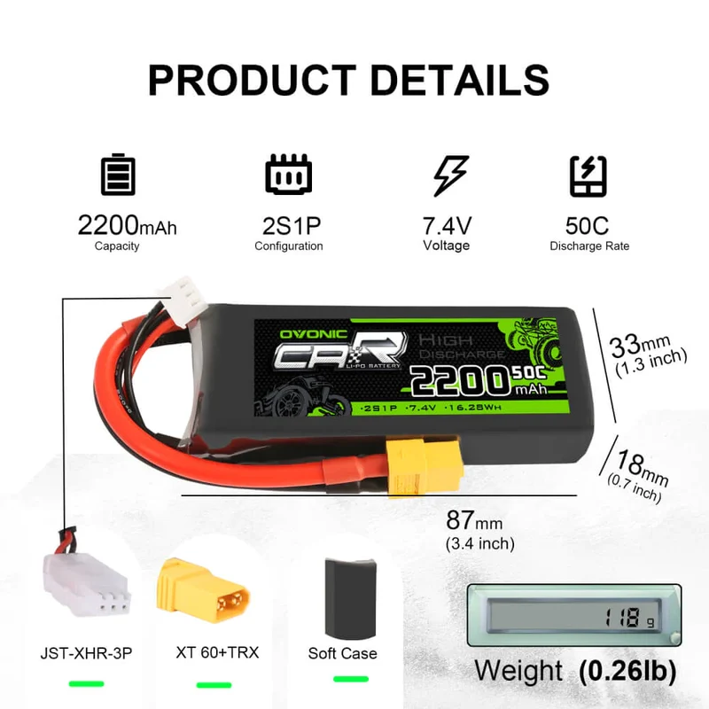 Ovonic 2S 2200mAh 7,4V 50C XT60 & TRX Lipo Akku