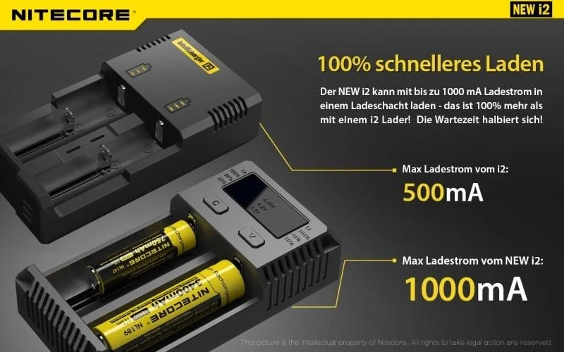 Nitecore NEW i2 - Ladegerät für Li-Ion, LiFePo, Ni-MH, Ni-CD Akkus (Neue Version)