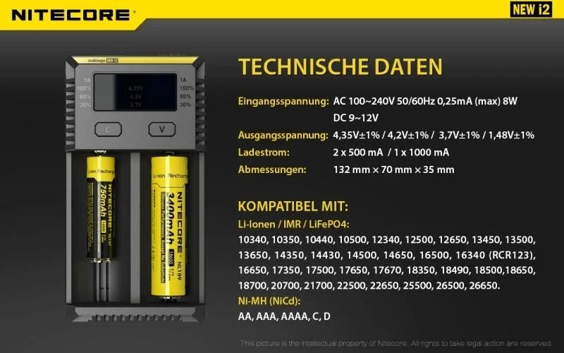 Nitecore NEW i2 - Ladegerät für Li-Ion, LiFePo, Ni-MH, Ni-CD Akkus (Neue Version)