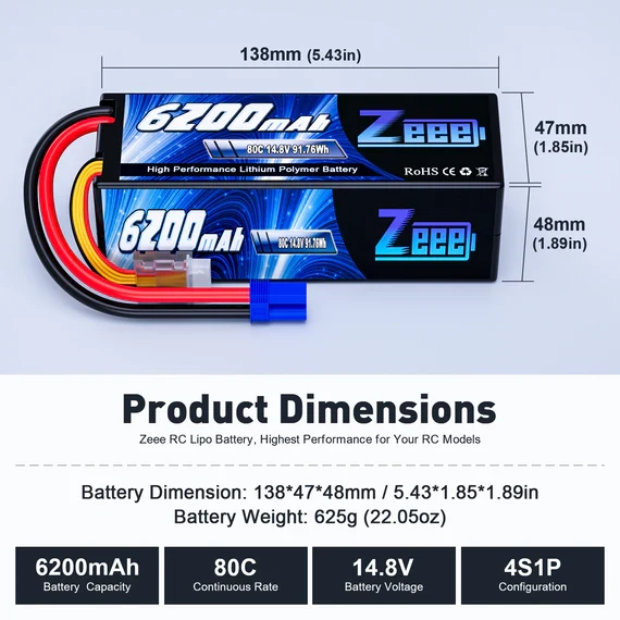 Zeee 4S 6200mAh 14,8V 80C Hardcase EC5 Lipo Akku (2 Stück)